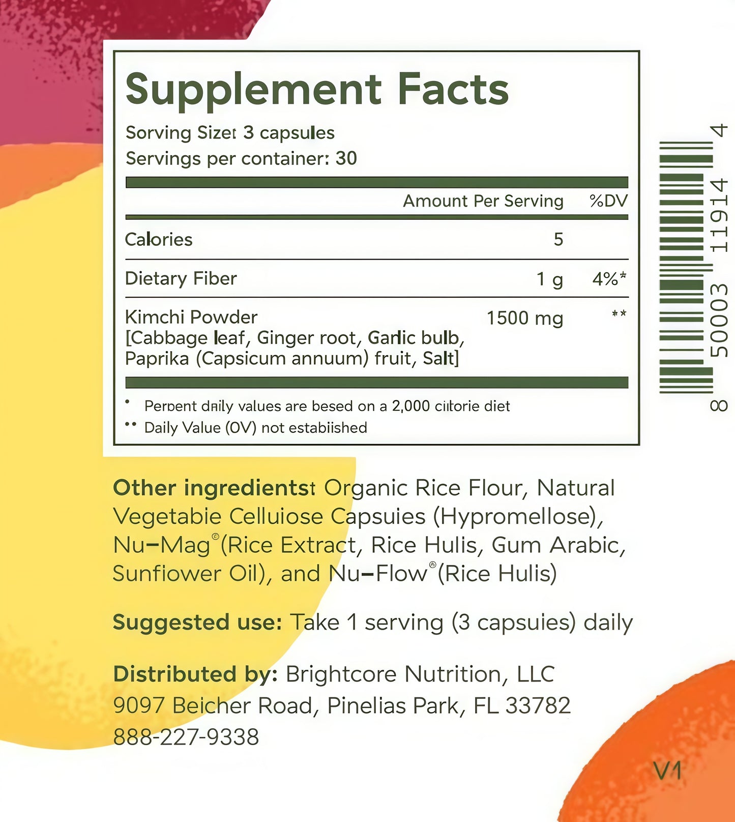 Brightcore Nutrition - Kimchi One, Kimchi Powder Capsules, Probiotics, Enzymes, & Antioxidant Supplement, Premium Gut Health Superfood for Overall Well Being, Gluten-Free, 90 Vegan Capsules