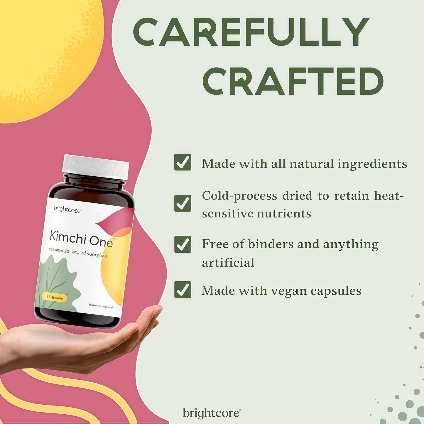 Brightcore Nutrition - Kimchi One, Kimchi Powder Capsules, Probiotics, Enzymes, & Antioxidant Supplement, Premium Gut Health Superfood for Overall Well Being, Gluten-Free, 90 Vegan Capsules